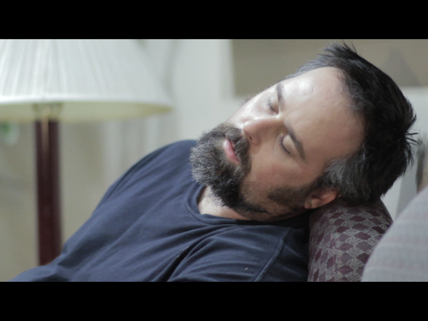 画像: この画像は、ソファにもたれている男性が眠っているシーンを描いています。居間のような室内で、落ち着いた雰囲気を醸し出しています。キーワード: 男