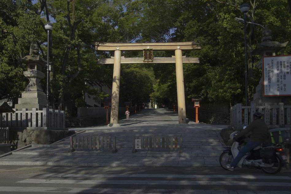 画像: 日本の神社の境内で、立派な鳥居が参道に続いています。緑豊かな木々が周囲に広がり、静寂な雰囲気を醸し出しています